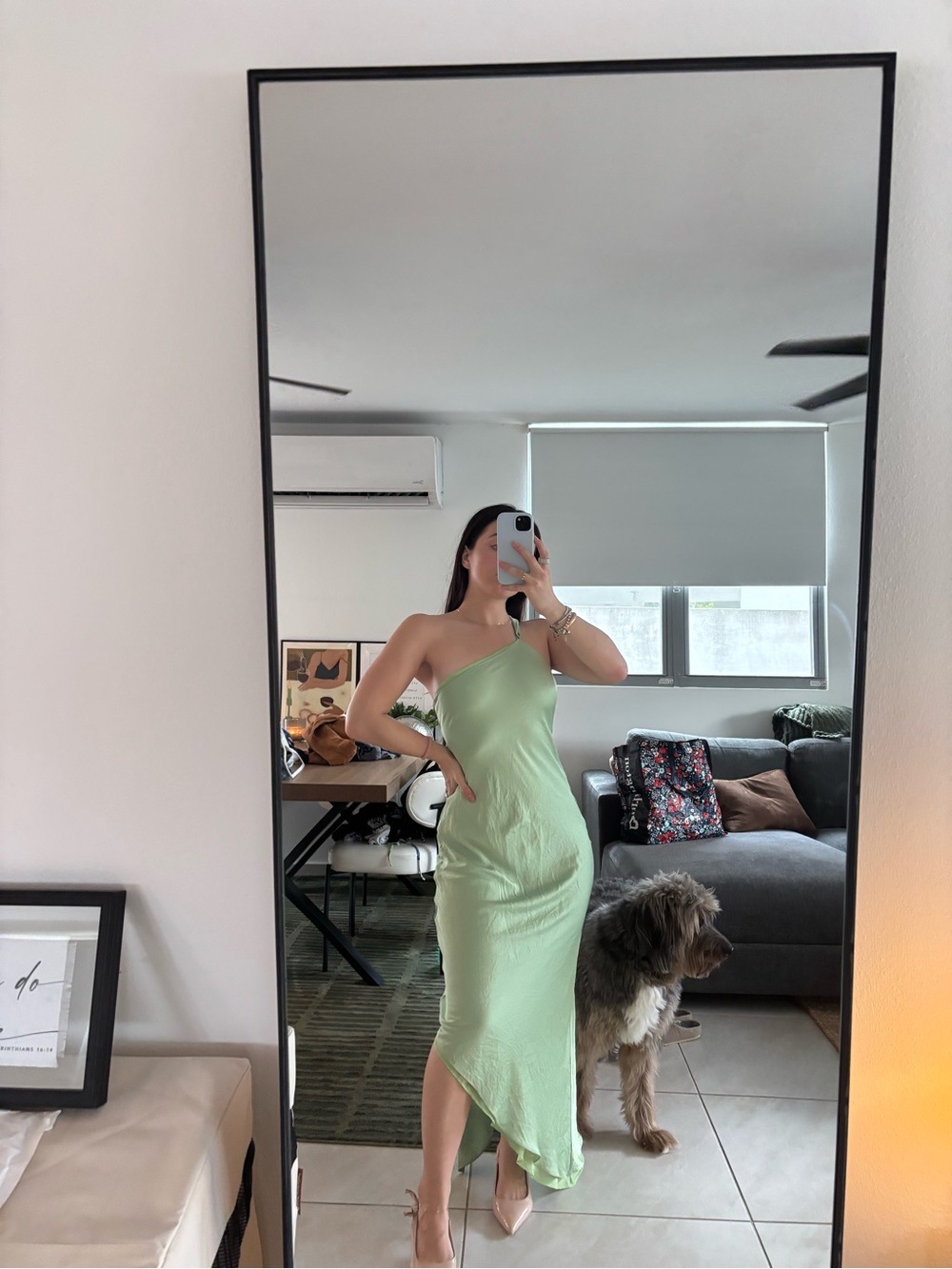 Mango One-Shoulder Sage Green Satin Slip Dress with Scarf/Shawl detail